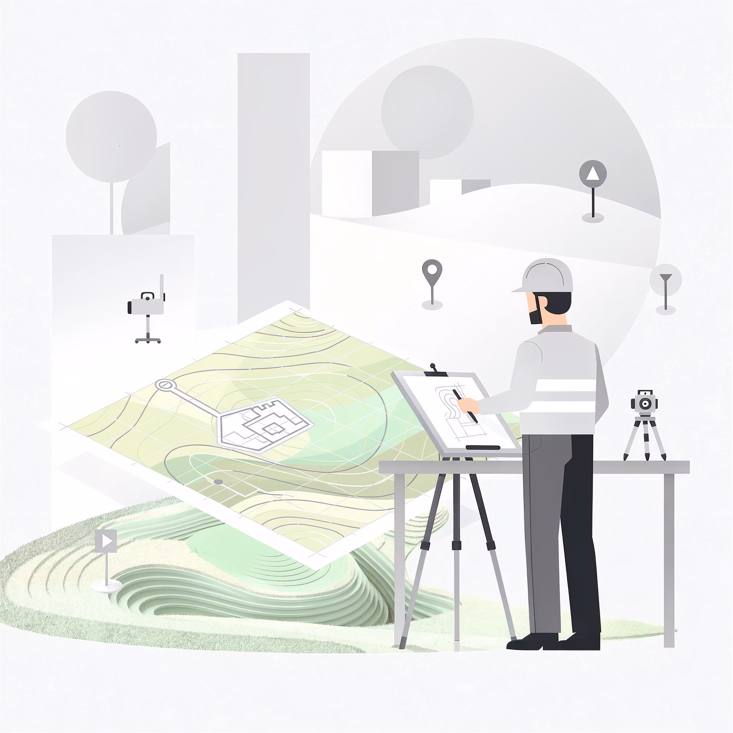 Инженер работает с планом земельного участка